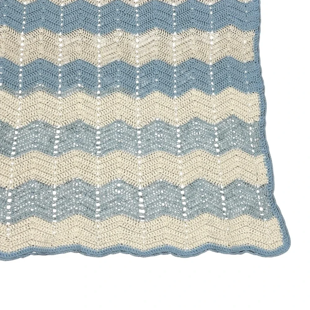 Handmade Crochet Baby Blanket Afghan White Blue Chevron‎ Ripple Soft 32x30